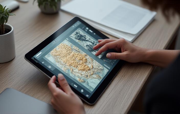 Close up of an interactive map and renaissance sculpture on a digital tablet