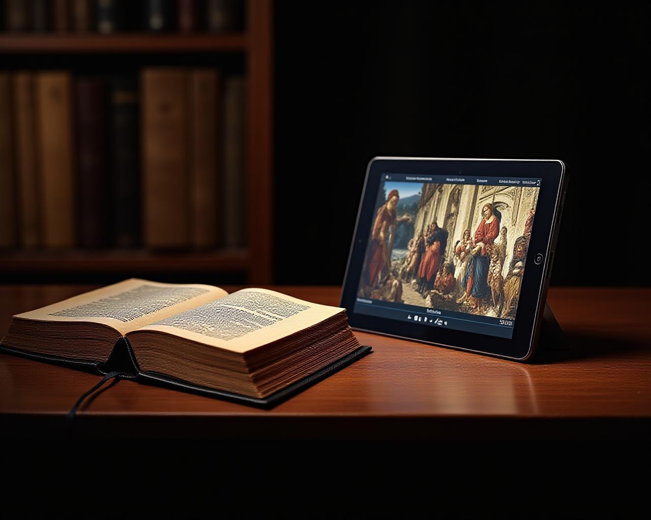 Renaissance scholar table with digital tablet